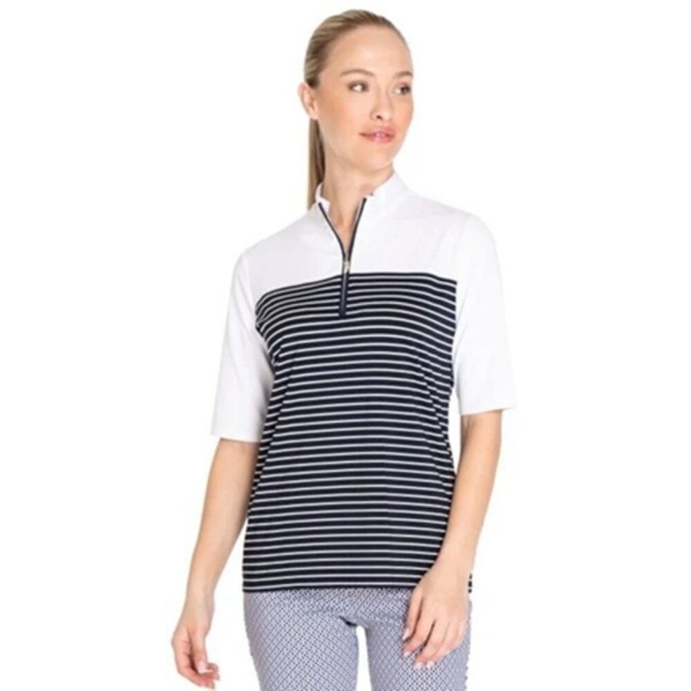 NEW Sport Haley Women’s LARGE Palmer 1/2 Sleeve Golf Polo Shirt Navy Blue Stripe